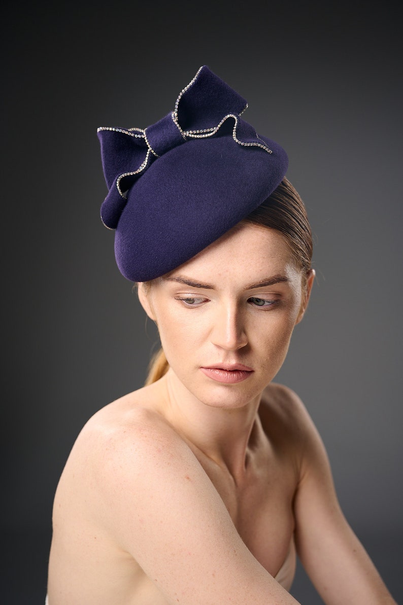 Pillbox purple Hat,special occasions Headpiece, Couture Headdress,Occasion Hat with bow and rhinestones.Fascinator Cocktail Hat Formed Petit image 5