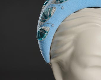 Blue Couture Fascinator Headband / Embroidered Felt Halo Headpiece, Luxury Race Day / Ascot Headwear