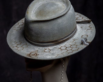 One of a kind gambler hat, western hat, unique stylish gray gambler with chain,felt festival hat,bolero hat,street style headgear,cool stuff