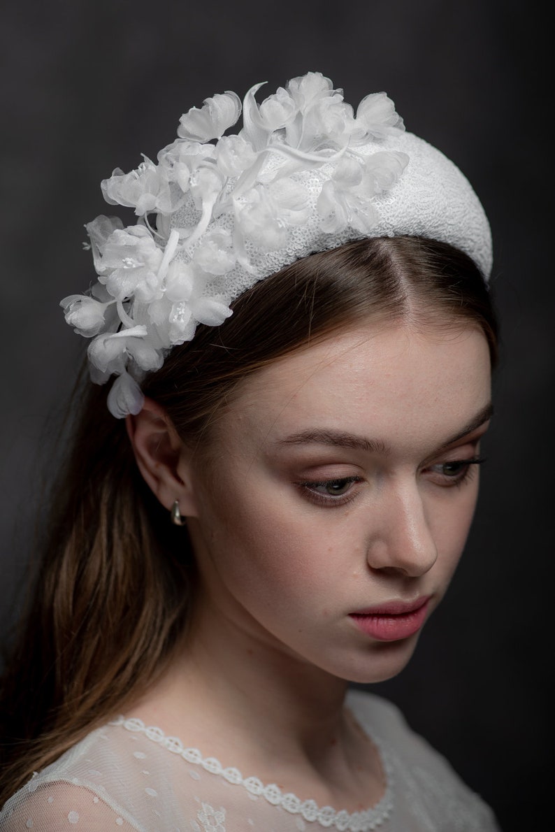 Wedding white Headband,Bridal Headweare, silk flowers halo crown,floral wedding headpiece,bridal headpiece with sequins and delicate flowers image 2