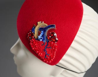 Red Fascinator Hat: Couture Heart Embroidery. Party red pillbox headwear