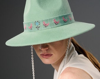 Pale green fedora felt hat, western wool felt Hat, Women’s Felt trilby cool Hat, pink trilby cowgirl hat, festival hat, cowboy warm hat band