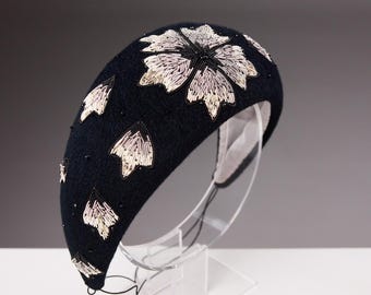 Black White Embroidered Headband – Couture Felt Floral Statement Fascinator