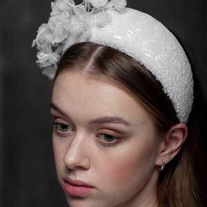 Wedding white Headband,Bridal Headweare, silk flowers halo crown,floral wedding headpiece,bridal headpiece with sequins and delicate flowers image 6