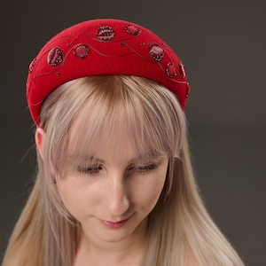 Trendy headband red image. Fashion casual headpiece halo crown. Cocktail Fascinator headwear hat. fashionable fascinator headband for women image 6