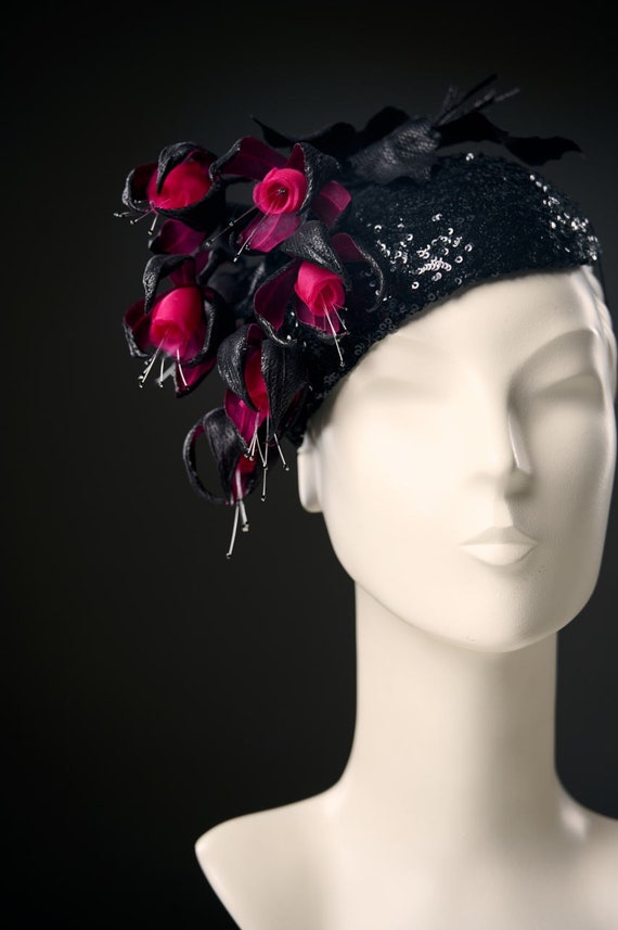 Black Sequin Fascinator Hat, Fuchsia Silk Flowers, Couture  display picture 3