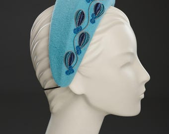 Blue Velour Headband: Embroidered Halo Fascinator.Elegant Felt headpiece for ladies