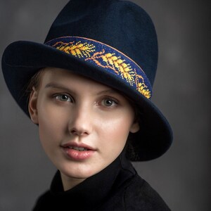 Navy blue asymmetric form of fedora. trilby hat dark blue stylish felt hat. womens hat Navy blue hat. Hat image 1