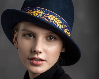 Navy blue asymmetric form of fedora. trilby hat  dark blue stylish felt hat. womens hat  Navy blue hat. Hat