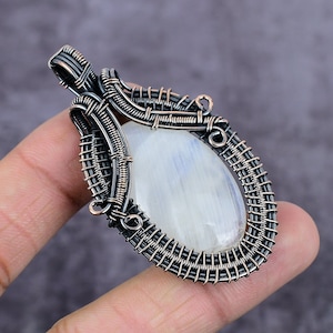 Rainbow Moonstone Pendant, Copper Wire Wrapped Pendant, Handmade Pendant, Wire Wrapped Gemstone Jewelry, Unique Boho Jewelry, Gift For Her