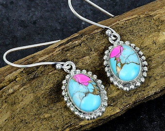 Cotton Candy Turquoise Earrings: Pink & Blue Gemstone Silver Plated Jewelry