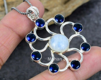 Rainbow Moonstone & Sapphire Silver Plated Pendant: Dainty Women's Jewelry