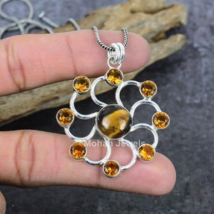 Tigers Eye & Citrine Gemstone Pendant - Silver Plated Bohemian Jewelry