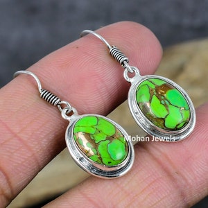 Turquoise Earrings, Copper Green Turquoise Oval Gemstone Silver Plated Dangle Earring, Hook Earrings, Bridesmaid Gift
