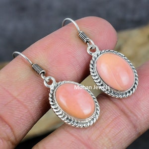 Pink Opal Oval Gemstone Silver Plated Handmade Dangle Earrings Jewelry, Women Dainty Earrings, Opal Earring, October Birthstone Earring