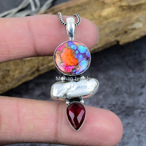 Spiny Oyster Turquoise Gemstone Silver Plated Handmade Pendant Necklace, Turquoise Pendant, Biwa Pearl Garnet Gemstone Pendant