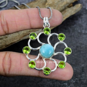 Larimar Pendant, Peridot Pendant, Silver Plated Gemstone Necklace Jewelry, Blue Larimar Jewelry, Wedding Gift