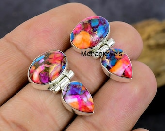 Pink Oyster Dahlia Turquoise Earrings : Silver Plated Studs