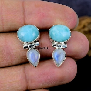 Handmade Larimar Rainbow Moonstone Stud Earrings