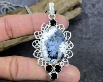 Dendrite Opal Gemstone Pendant, Black Onyx Pendant, Filigree Pendant, Silver Plated Pendant with Chain, Wedding Gift, Dendrite Jewelry