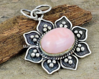 Natural Pink Opal Pendant, Gemstone Silver Plated Pendant, Flower Pendant, Opal Jewelry, Healing Stone, Handmade Crystal, Bridesmaid Gift