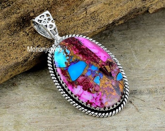 Pink Oyster Turquoise Pendant, Copper Turquoise Silver Plated Pendant, Unique Fashion Jewelry, Multi Color Gemstone Jewelry, Engagement Gift