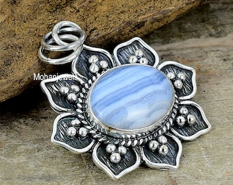 Blue Lace Agate Silver Plated Pendant - Flower Pendant - Natural Gemstone Jewelry - Healing Stone - Blue Agate Charm Pendant - Gift For Her