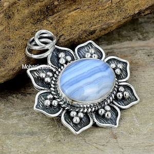 Blue Lace Agate Silver Plated Pendant - Flower Pendant - Natural Gemstone Jewelry - Healing Stone - Blue Agate Charm Pendant - Gift For Her