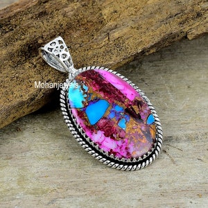 Pink Oyster Turquoise Pendant, Copper Turquoise Silver Plated Pendant, Unique Fashion Jewelry, Multi Color Gemstone Jewelry, Engagement Gift