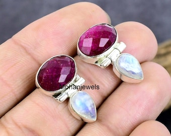 Pendientes de plata con rubí y piedra lunar arcoíris, regalo de joyería para ella.