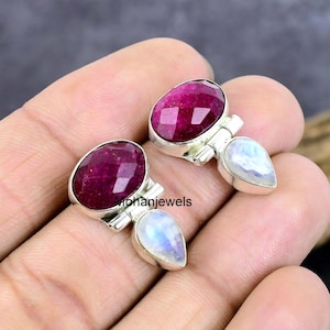 Boucles d'oreilles rubis, boucle d'oreille en argent rubis arc-en-ciel avec pierre de lune naturelle, boucles d'oreilles faites main, bijoux cadeau mariage rubis rouge, cadeau d'anniversaire pour elle