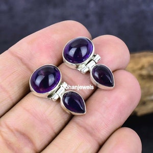 Natural Amethyst Gemstone Silver Plated Earrings, Purple Amethyst Stud Earrings, Handmade Anniversary Gift Jewelry for her