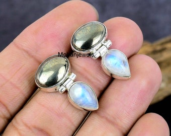 Pyrite & Rainbow Moonstone Silver Plated Stud Earrings