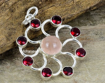 Rose Quartz Garnet Silver Plated Pendant, Floral Jewelry