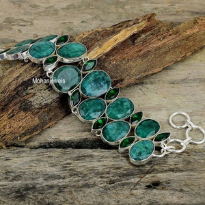 Emerald Bracelet, Sakota Mines Emerald & Chrome Diopside Gemstone Silver Plated Bracelet, Green Stone Jewelry, Birthday Gift for Wife