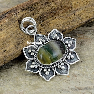 Fluorite Pendant - Rainbow Stripes Fluorite Silver Plated Pendulum Necklace - Floral Pendant - Spiritual Protection Healing Crystal Necklace