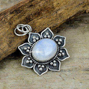 Rainbow Moonstone Silver Plated Pendant, Unique Designer Jewelry, Handmade Flower Pendant, Moonstone Jewelry, Healing Stone, Gift For Her