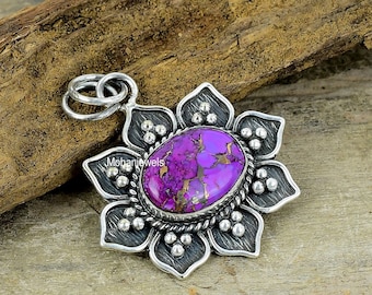 Copper Turquoise Pendant - Purple Copper Turquoise Silver Plated Floral Pendant - Turquoise Necklace - Healing Crystal - Anniversary Gift