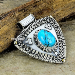 Tibetan Turquoise Gemstone Silver Plated Pendant, Vintage pendant, Anniversary gift for her, Turquoise pendant