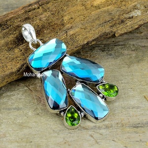 Mystic Topaz Pendant - Rainbow Mystic Topaz & Diopside Silver Plated Pendant - Faceted Rainbow Topaz - Fashion Jewelry - Engagement Pendant