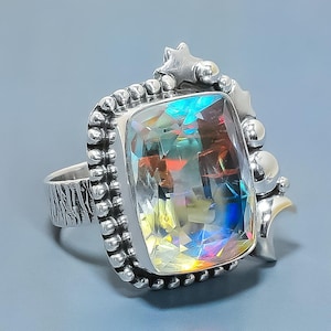 Aurora Mystic Topaz Ring, Rainbow Topaz Silver Plated Ring, Natural Angel Aura Quartz Ring, Octogen Aura Quartz, Engagement Gift For Her