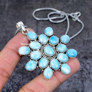 Genuine Larimar Flower Pendant Handmade Gemstone Silver Pendant Designer Necklace Birthstone Pendant Healing Stone Jewelry Floral Pendant