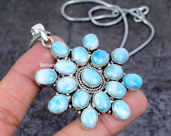 Genuine Larimar Flower Pendant Handmade Gemstone Silver Pendant Designer Necklace Birthstone Pendant Healing Stone Jewelry Floral Pendant