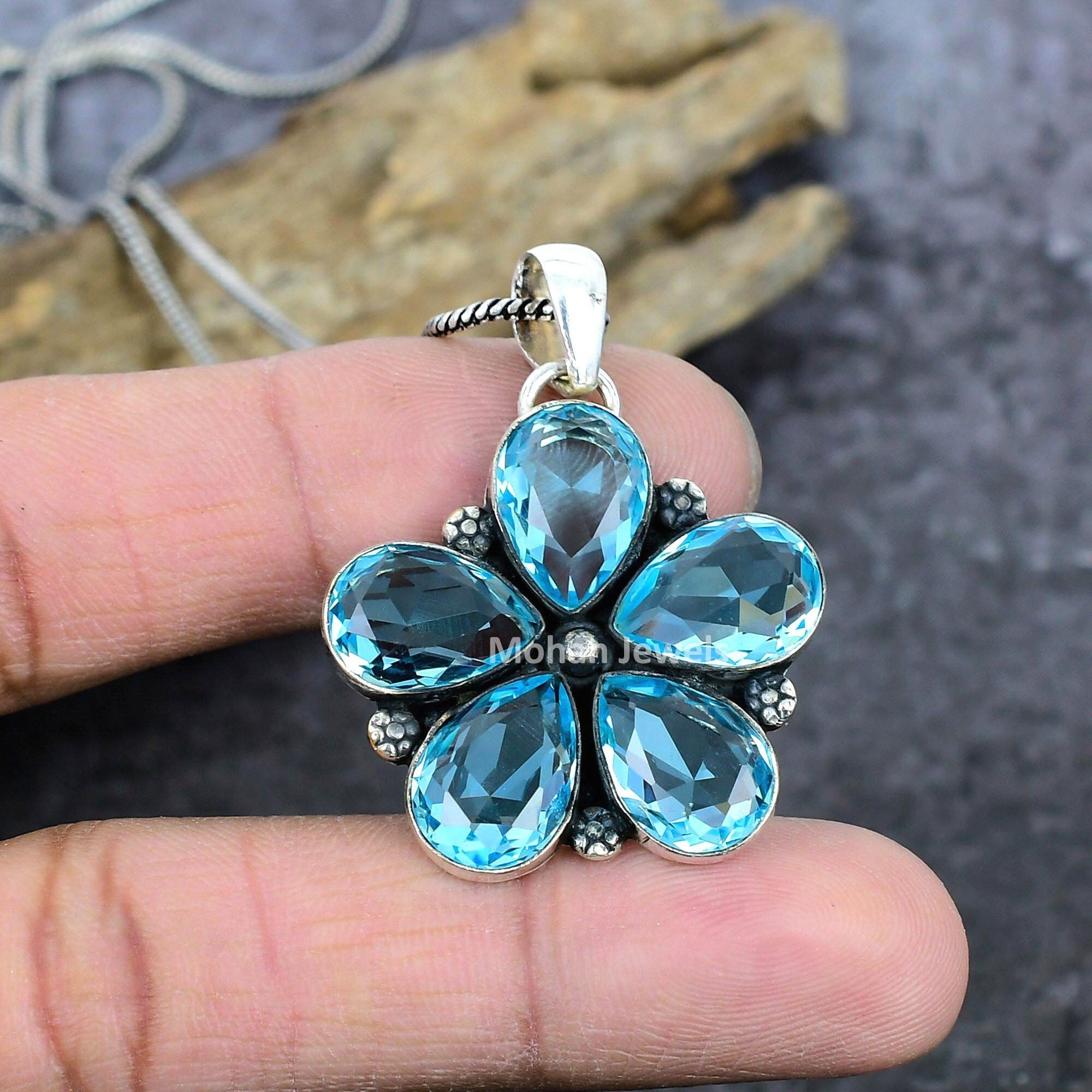 Pendentif En Argent Sterling 925 Avec Topaze Bleue De Londres - Ovale, 3 Pierres - Neuf Sans Emballage