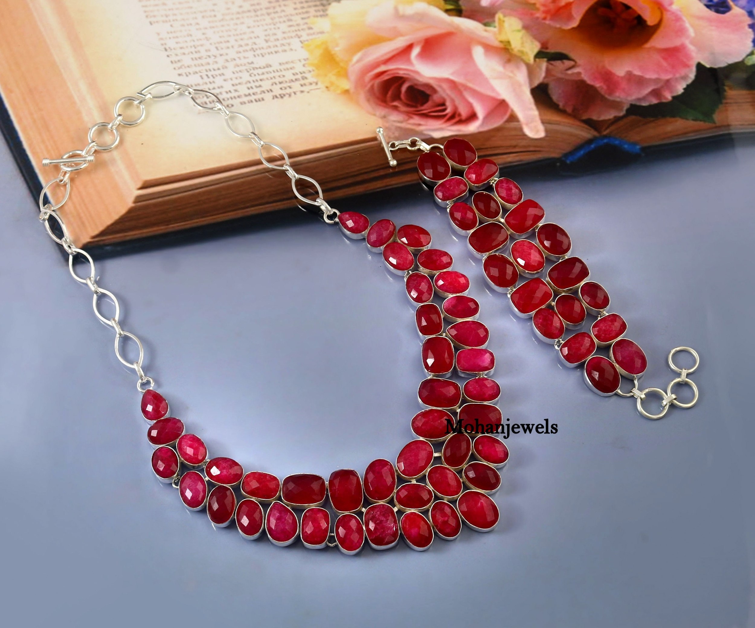Ruby Necklace Silver Set: Natural Pink Ruby & Bracelet Jewelry