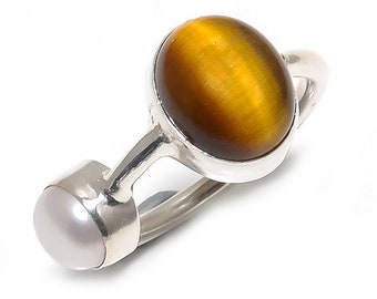 Tigers Eye Ring, Pearl Ring, Healing Gemstone Ring, Gemstone Ring, Silver Plated Ring Jewelry, Handmade Ring, Women Gift, Stackable Ring