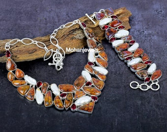 Moroccan Seam Agate Biwa Pearl Necklace & Bracelet Jewelry Set