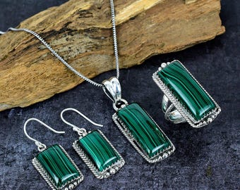 Malachite Jewelry Set : Silver Plated Ring Earring Pendant