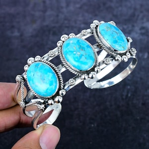 Kingman Turquoise Vintage Silver Cuff Bracelet, Natural Turquoise Gemstone Cuff Bangle, Handmade Designer Native Jewelry Gift for Birthday