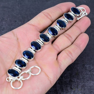 Sapphire Bracelet, Blue Sapphire Quartz Silver Bracelet, Unique Designer Handmade Jewelry, Adjustable Chain Bracelet, Birthday Gift For Her
